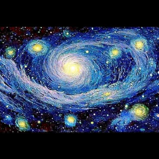 A swirling cosmic dreamscape inspired by Van Gogh's signature brushstrokes. This series blends celestial wonders with the artist's signature impasto style, featuring luminous galaxies, spiraling nebulae, and vibrant starlit skies. Deep blues and golden yellows create a mesmerizing interplay of movement and texture, evoking the grandeur of the universe through the expressive turbulence of Van Gogh's Starry Night.