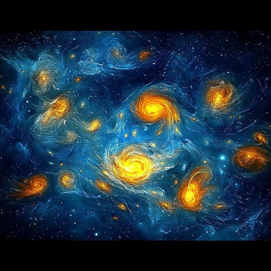A swirling cosmic dreamscape inspired by Van Gogh's signature brushstrokes. This series blends celestial wonders with the artist's signature impasto style, featuring luminous galaxies, spiraling nebulae, and vibrant starlit skies. Deep blues and golden yellows create a mesmerizing interplay of movement and texture, evoking the grandeur of the universe through the expressive turbulence of Van Gogh's Starry Night.