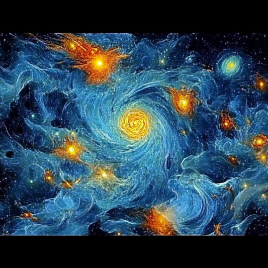 A swirling cosmic dreamscape inspired by Van Gogh's signature brushstrokes. This series blends celestial wonders with the artist's signature impasto style, featuring luminous galaxies, spiraling nebulae, and vibrant starlit skies. Deep blues and golden yellows create a mesmerizing interplay of movement and texture, evoking the grandeur of the universe through the expressive turbulence of Van Gogh's Starry Night.