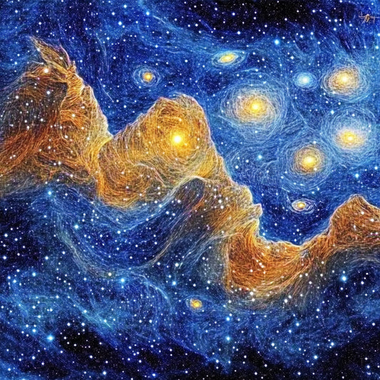 A swirling cosmic dreamscape inspired by Van Gogh's signature brushstrokes. This series blends celestial wonders with the artist's signature impasto style, featuring luminous galaxies, spiraling nebulae, and vibrant starlit skies. Deep blues and golden yellows create a mesmerizing interplay of movement and texture, evoking the grandeur of the universe through the expressive turbulence of Van Gogh's Starry Night.
