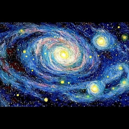 A swirling cosmic dreamscape inspired by Van Gogh's signature brushstrokes. This series blends celestial wonders with the artist's signature impasto style, featuring luminous galaxies, spiraling nebulae, and vibrant starlit skies. Deep blues and golden yellows create a mesmerizing interplay of movement and texture, evoking the grandeur of the universe through the expressive turbulence of Van Gogh's Starry Night.