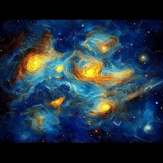 A swirling cosmic dreamscape inspired by Van Gogh's signature brushstrokes. This series blends celestial wonders with the artist's signature impasto style, featuring luminous galaxies, spiraling nebulae, and vibrant starlit skies. Deep blues and golden yellows create a mesmerizing interplay of movement and texture, evoking the grandeur of the universe through the expressive turbulence of Van Gogh's Starry Night.