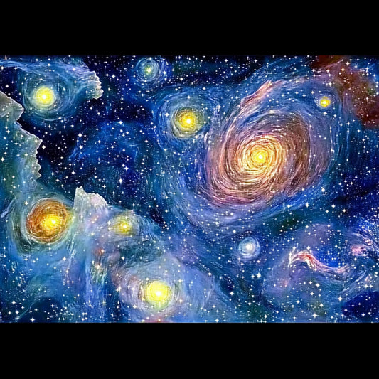 A swirling cosmic dreamscape inspired by Van Gogh's signature brushstrokes. This series blends celestial wonders with the artist's signature impasto style, featuring luminous galaxies, spiraling nebulae, and vibrant starlit skies. Deep blues and golden yellows create a mesmerizing interplay of movement and texture, evoking the grandeur of the universe through the expressive turbulence of Van Gogh's Starry Night.