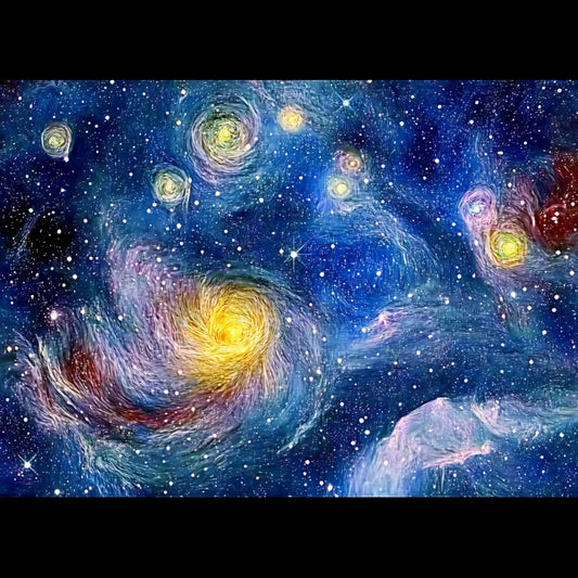A swirling cosmic dreamscape inspired by Van Gogh's signature brushstrokes. This series blends celestial wonders with the artist's signature impasto style, featuring luminous galaxies, spiraling nebulae, and vibrant starlit skies. Deep blues and golden yellows create a mesmerizing interplay of movement and texture, evoking the grandeur of the universe through the expressive turbulence of Van Gogh's Starry Night.