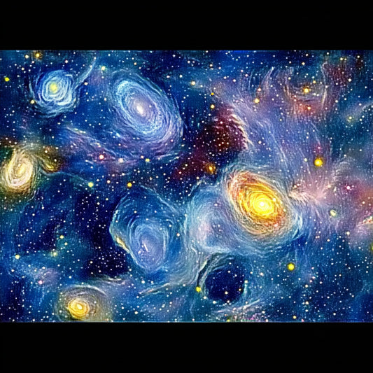 A swirling cosmic dreamscape inspired by Van Gogh's signature brushstrokes. This series blends celestial wonders with the artist's signature impasto style, featuring luminous galaxies, spiraling nebulae, and vibrant starlit skies. Deep blues and golden yellows create a mesmerizing interplay of movement and texture, evoking the grandeur of the universe through the expressive turbulence of Van Gogh's Starry Night.