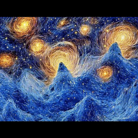 A swirling cosmic dreamscape inspired by Van Gogh's signature brushstrokes. This series blends celestial wonders with the artist's signature impasto style, featuring luminous galaxies, spiraling nebulae, and vibrant starlit skies. Deep blues and golden yellows create a mesmerizing interplay of movement and texture, evoking the grandeur of the universe through the expressive turbulence of Van Gogh's Starry Night.