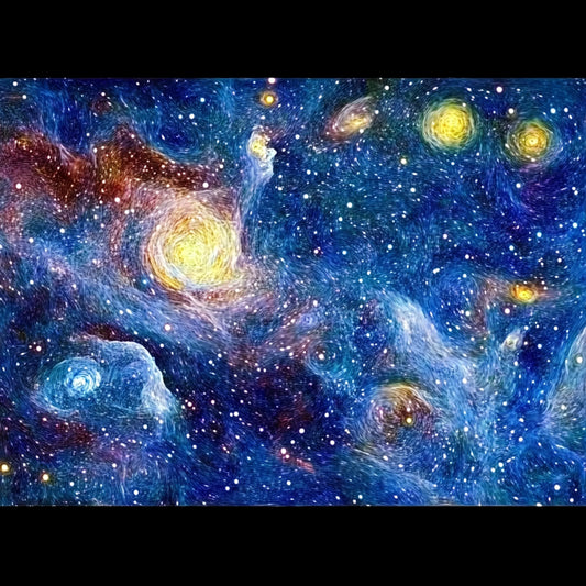 A swirling cosmic dreamscape inspired by Van Gogh's signature brushstrokes. This series blends celestial wonders with the artist's signature impasto style, featuring luminous galaxies, spiraling nebulae, and vibrant starlit skies. Deep blues and golden yellows create a mesmerizing interplay of movement and texture, evoking the grandeur of the universe through the expressive turbulence of Van Gogh's Starry Night.