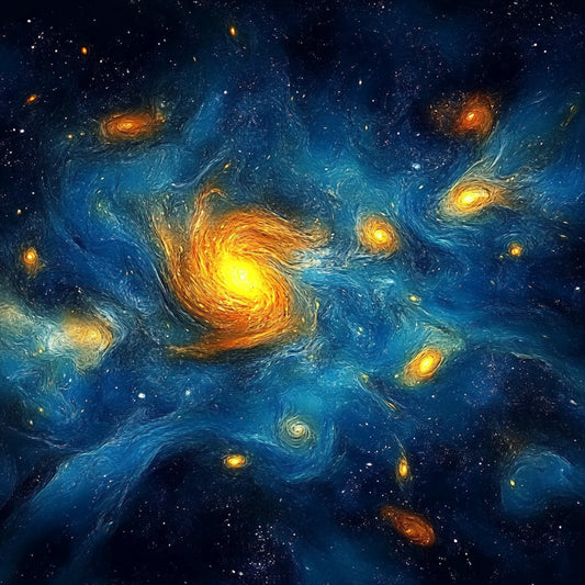 A swirling cosmic dreamscape inspired by Van Gogh's signature brushstrokes. This series blends celestial wonders with the artist's signature impasto style, featuring luminous galaxies, spiraling nebulae, and vibrant starlit skies. Deep blues and golden yellows create a mesmerizing interplay of movement and texture, evoking the grandeur of the universe through the expressive turbulence of Van Gogh's Starry Night.