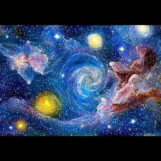 A swirling cosmic dreamscape inspired by Van Gogh's signature brushstrokes. This series blends celestial wonders with the artist's signature impasto style, featuring luminous galaxies, spiraling nebulae, and vibrant starlit skies. Deep blues and golden yellows create a mesmerizing interplay of movement and texture, evoking the grandeur of the universe through the expressive turbulence of Van Gogh's Starry Night.