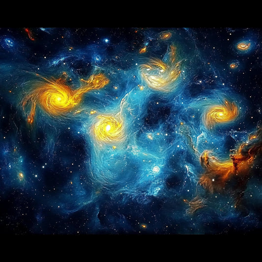 A swirling cosmic dreamscape inspired by Van Gogh's signature brushstrokes. This series blends celestial wonders with the artist's signature impasto style, featuring luminous galaxies, spiraling nebulae, and vibrant starlit skies. Deep blues and golden yellows create a mesmerizing interplay of movement and texture, evoking the grandeur of the universe through the expressive turbulence of Van Gogh's Starry Night.