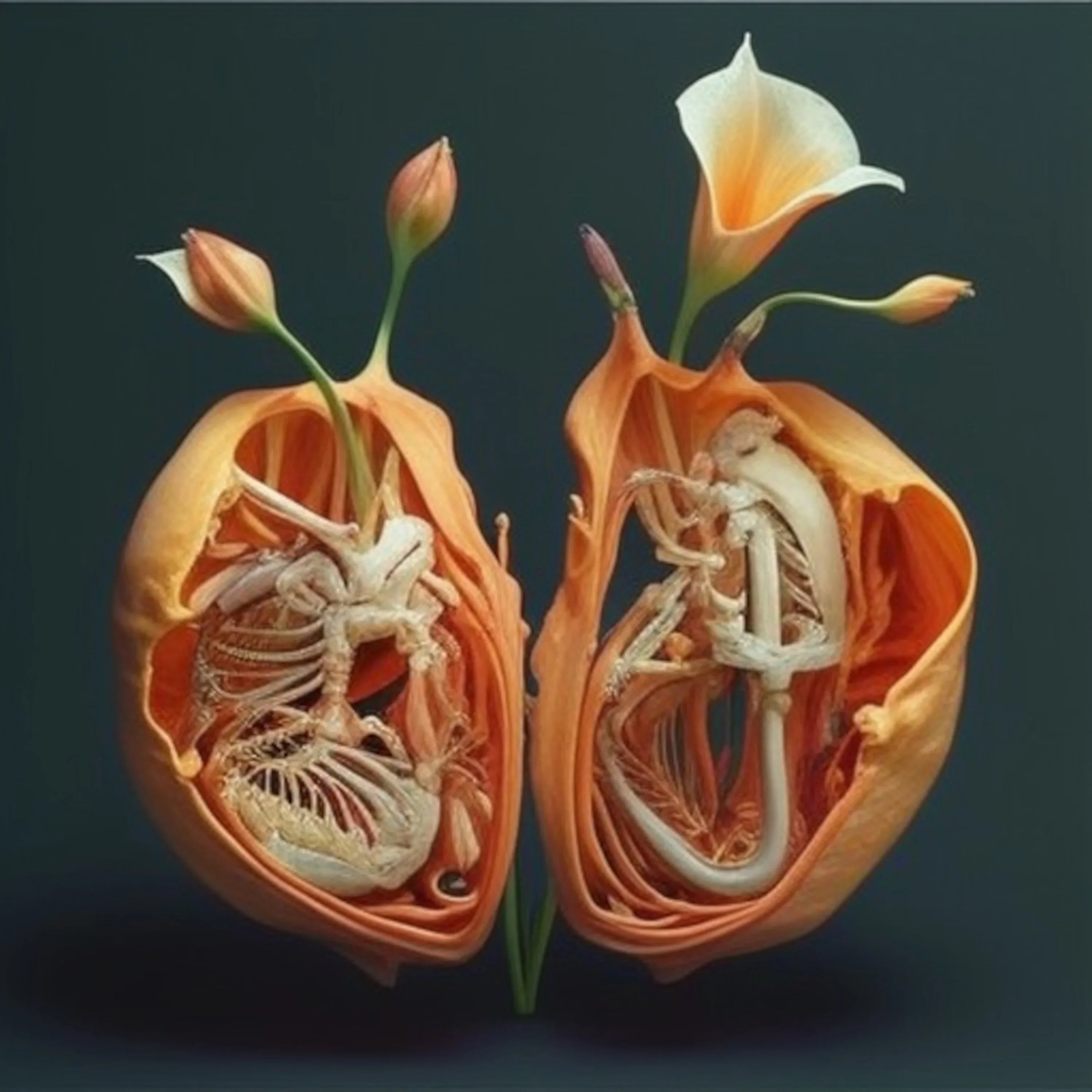 "Anatomical Lilies" explores Kurt Cobain’s artistic vision through AI-generated imagery, merging human anatomy with floral elements. These surreal compositions reflect themes of fragility, transformation, and decay, capturing the raw emotional intensity found in Cobain’s work.