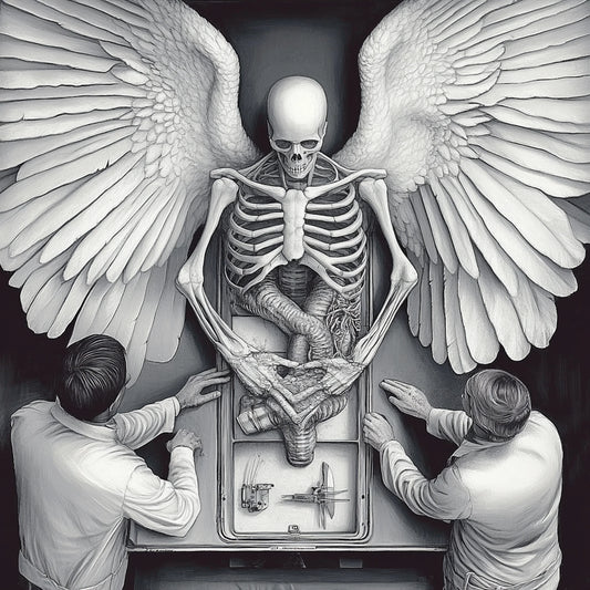 A haunting series of black-and-white illustrations depicting angelic figures caught between divinity and decay. These ethereal beings, with skeletal forms and tattered wings, evoke themes of transcendence, fragility, and the eternal struggle between light and darkness.