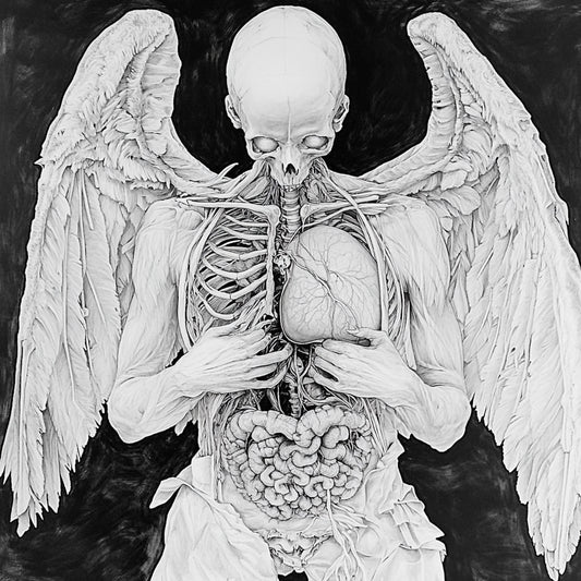 A haunting series of black-and-white illustrations depicting angelic figures caught between divinity and decay. These ethereal beings, with skeletal forms and tattered wings, evoke themes of transcendence, fragility, and the eternal struggle between light and darkness.