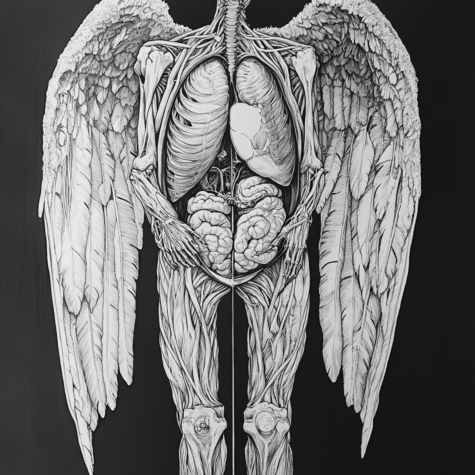 A haunting series of black-and-white illustrations depicting angelic figures caught between divinity and decay. These ethereal beings, with skeletal forms and tattered wings, evoke themes of transcendence, fragility, and the eternal struggle between light and darkness.