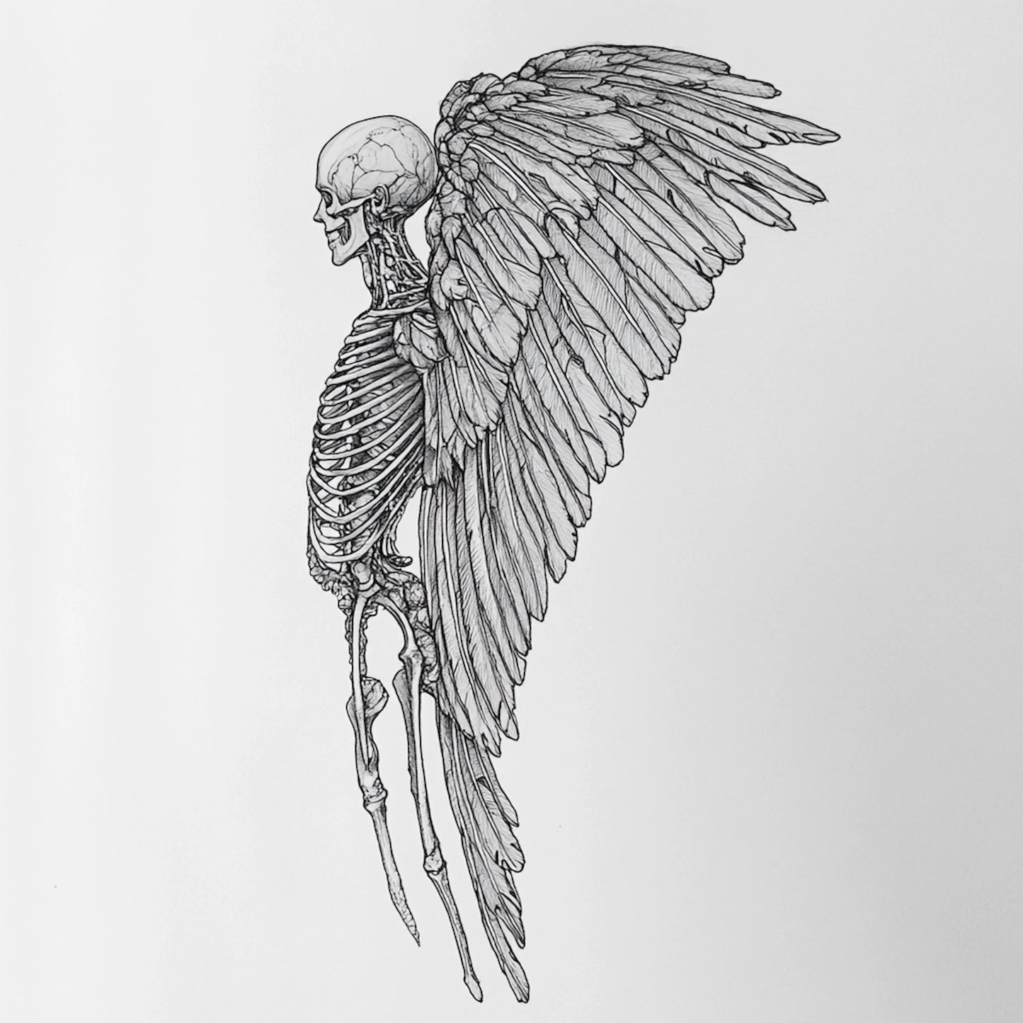A haunting series of black-and-white illustrations depicting angelic figures caught between divinity and decay. These ethereal beings, with skeletal forms and tattered wings, evoke themes of transcendence, fragility, and the eternal struggle between light and darkness.