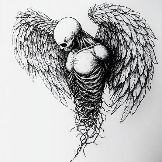 A haunting series of black-and-white illustrations depicting angelic figures caught between divinity and decay. These ethereal beings, with skeletal forms and tattered wings, evoke themes of transcendence, fragility, and the eternal struggle between light and darkness.
