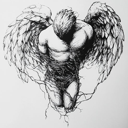 A haunting series of black-and-white illustrations depicting angelic figures caught between divinity and decay. These ethereal beings, with skeletal forms and tattered wings, evoke themes of transcendence, fragility, and the eternal struggle between light and darkness.