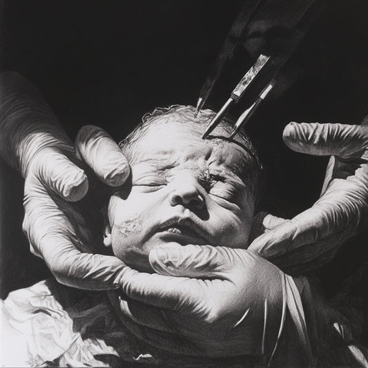 A striking series of black-and-white illustrations exploring the raw and fragile essence of birth. These images capture the tension between life’s beginning and the clinical precision of intervention, depicting newborns in moments of vulnerability, surgical tools, and the delicate touch of gloved hands. The series evokes both the wonder and the eerie fragility of existence.