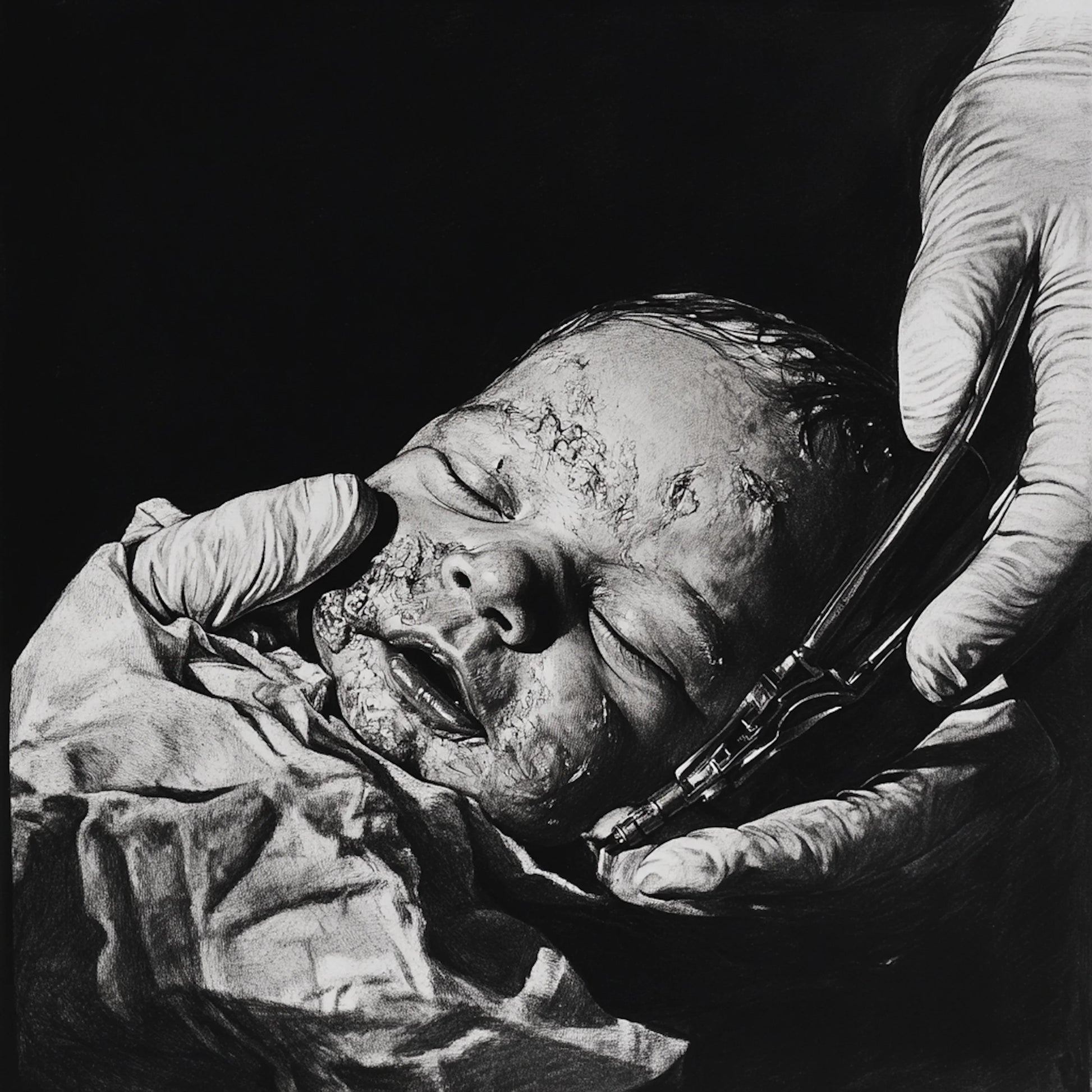 A striking series of black-and-white illustrations exploring the raw and fragile essence of birth. These images capture the tension between life’s beginning and the clinical precision of intervention, depicting newborns in moments of vulnerability, surgical tools, and the delicate touch of gloved hands. The series evokes both the wonder and the eerie fragility of existence.