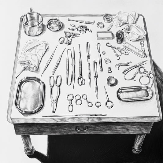 A striking series of black-and-white illustrations exploring the raw and fragile essence of birth. These images capture the tension between life’s beginning and the clinical precision of intervention, depicting newborns in moments of vulnerability, surgical tools, and the delicate touch of gloved hands. The series evokes both the wonder and the eerie fragility of existence.