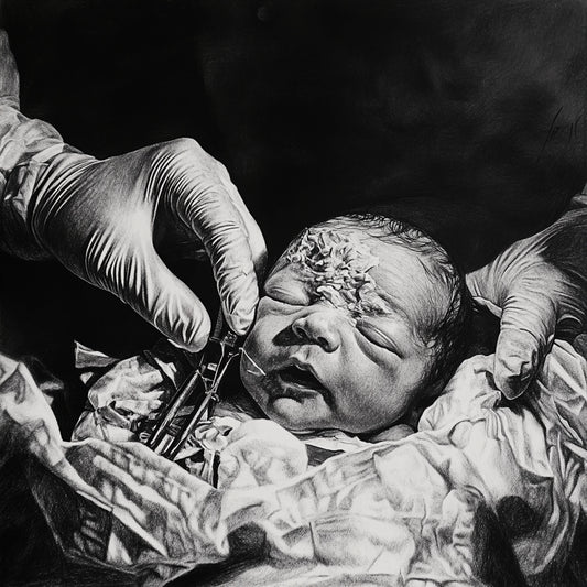 A striking series of black-and-white illustrations exploring the raw and fragile essence of birth. These images capture the tension between life’s beginning and the clinical precision of intervention, depicting newborns in moments of vulnerability, surgical tools, and the delicate touch of gloved hands. The series evokes both the wonder and the eerie fragility of existence.