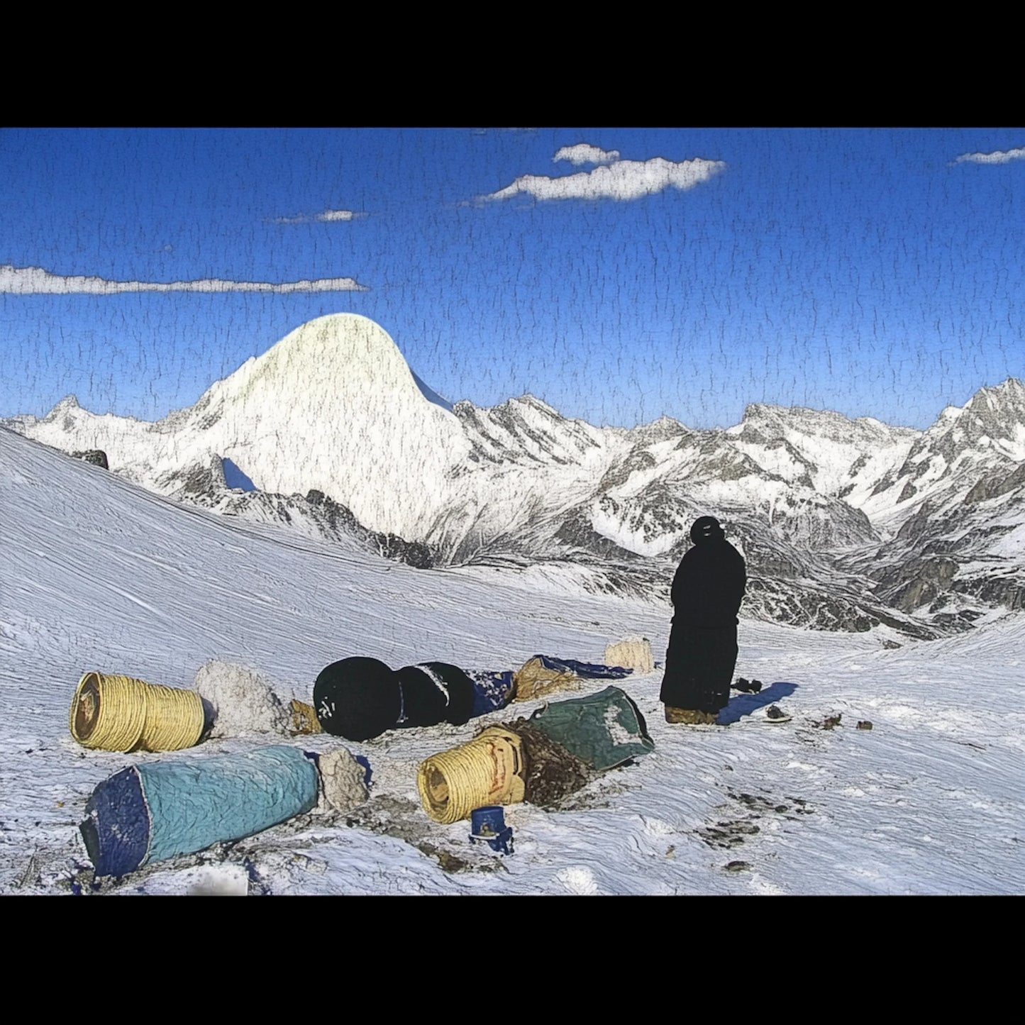 A series of digitally altered paintings inspired by Giovanni Segantini’s work depicting tourists in vast, snowy mountain landscapes. The images feature travelers in dark winter clothing standing or moving among scattered supplies, barrels, and tents, evoking a surreal, painterly aesthetic. The striking contrast between human presence and the untouched grandeur of the high-altitude environment highlights themes of solitude, exploration, and environmental impact.