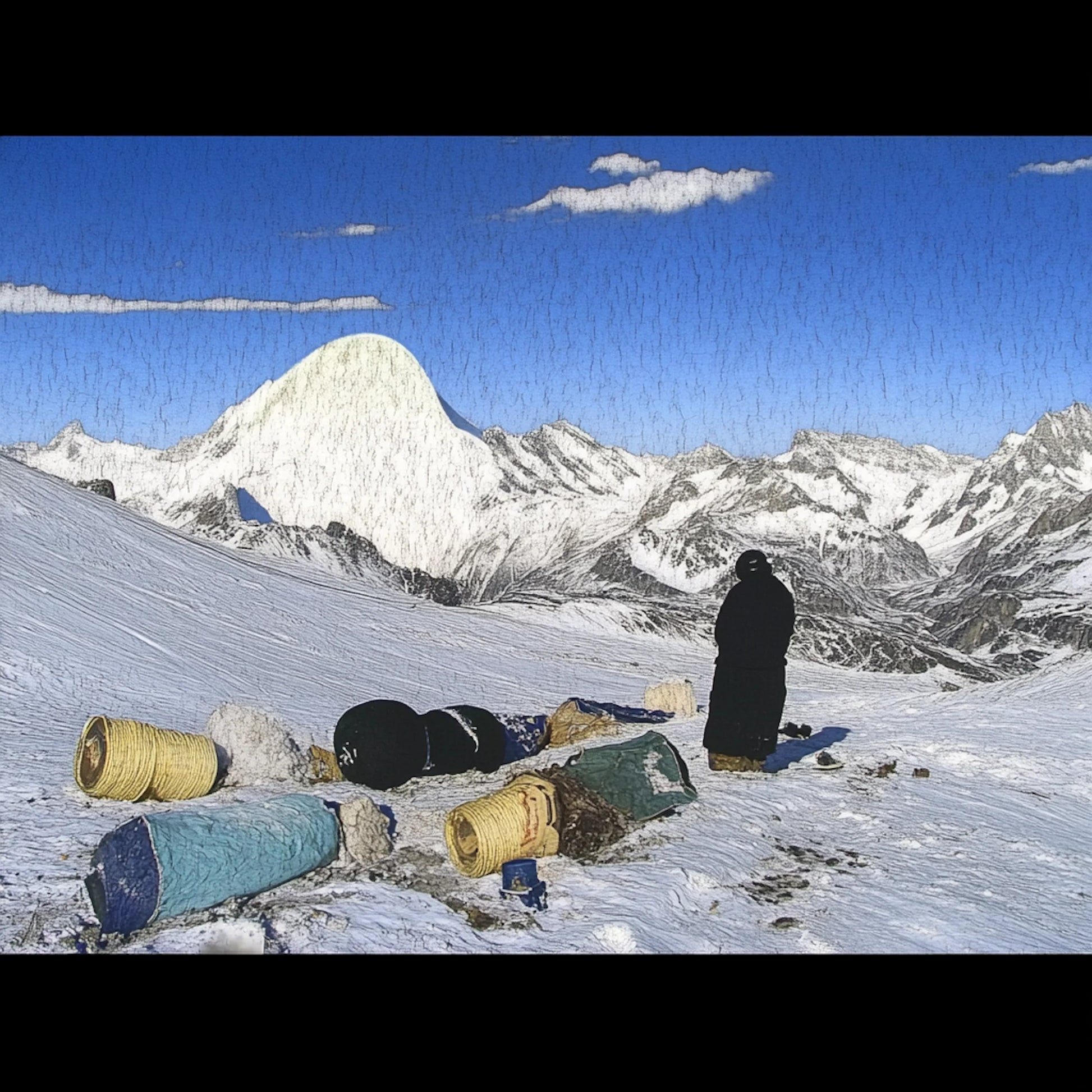 A series of digitally altered paintings inspired by Giovanni Segantini’s work depicting tourists in vast, snowy mountain landscapes. The images feature travelers in dark winter clothing standing or moving among scattered supplies, barrels, and tents, evoking a surreal, painterly aesthetic. The striking contrast between human presence and the untouched grandeur of the high-altitude environment highlights themes of solitude, exploration, and environmental impact.