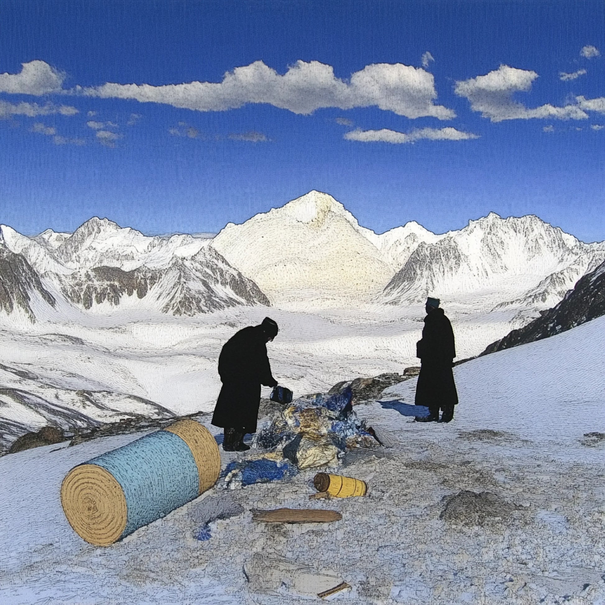 A series of digitally altered paintings inspired by Giovanni Segantini’s work depicting tourists in vast, snowy mountain landscapes. The images feature travelers in dark winter clothing standing or moving among scattered supplies, barrels, and tents, evoking a surreal, painterly aesthetic. The striking contrast between human presence and the untouched grandeur of the high-altitude environment highlights themes of solitude, exploration, and environmental impact.