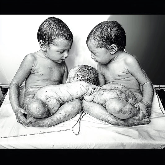 A powerful series of black-and-white illustrations exploring the bond, tension, and surreal connection between twins. These images depict newborn twins in intimate, sometimes unsettling compositions—entwined in medical settings, cradled in sterile environments, or locked in moments of primal interaction. The series blurs the line between unity and individuality, evoking themes of birth, duality, and existential symbiosis.