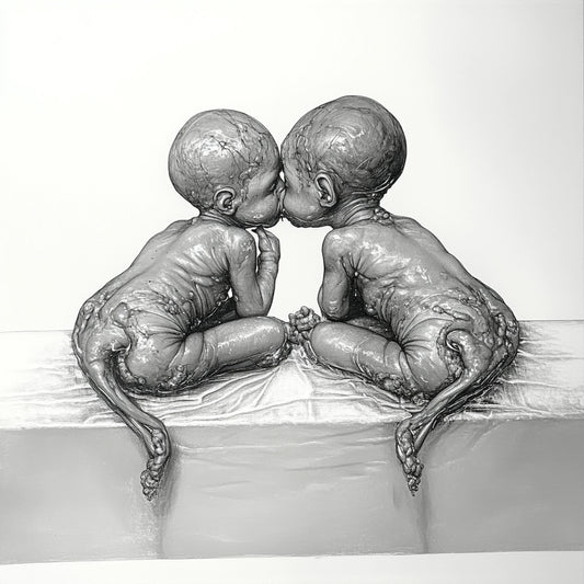 A powerful series of black-and-white illustrations exploring the bond, tension, and surreal connection between twins. These images depict newborn twins in intimate, sometimes unsettling compositions—entwined in medical settings, cradled in sterile environments, or locked in moments of primal interaction. The series blurs the line between unity and individuality, evoking themes of birth, duality, and existential symbiosis.