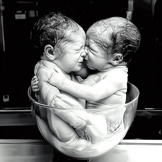 A powerful series of black-and-white illustrations exploring the bond, tension, and surreal connection between twins. These images depict newborn twins in intimate, sometimes unsettling compositions—entwined in medical settings, cradled in sterile environments, or locked in moments of primal interaction. The series blurs the line between unity and individuality, evoking themes of birth, duality, and existential symbiosis.